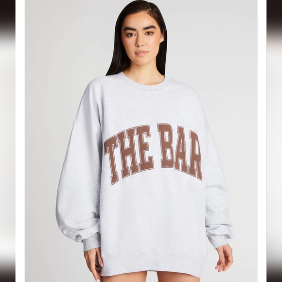 New The Bar Varsity Sweatshirt, Light Heather Grey/Chocolate. - Picture 2 of 8